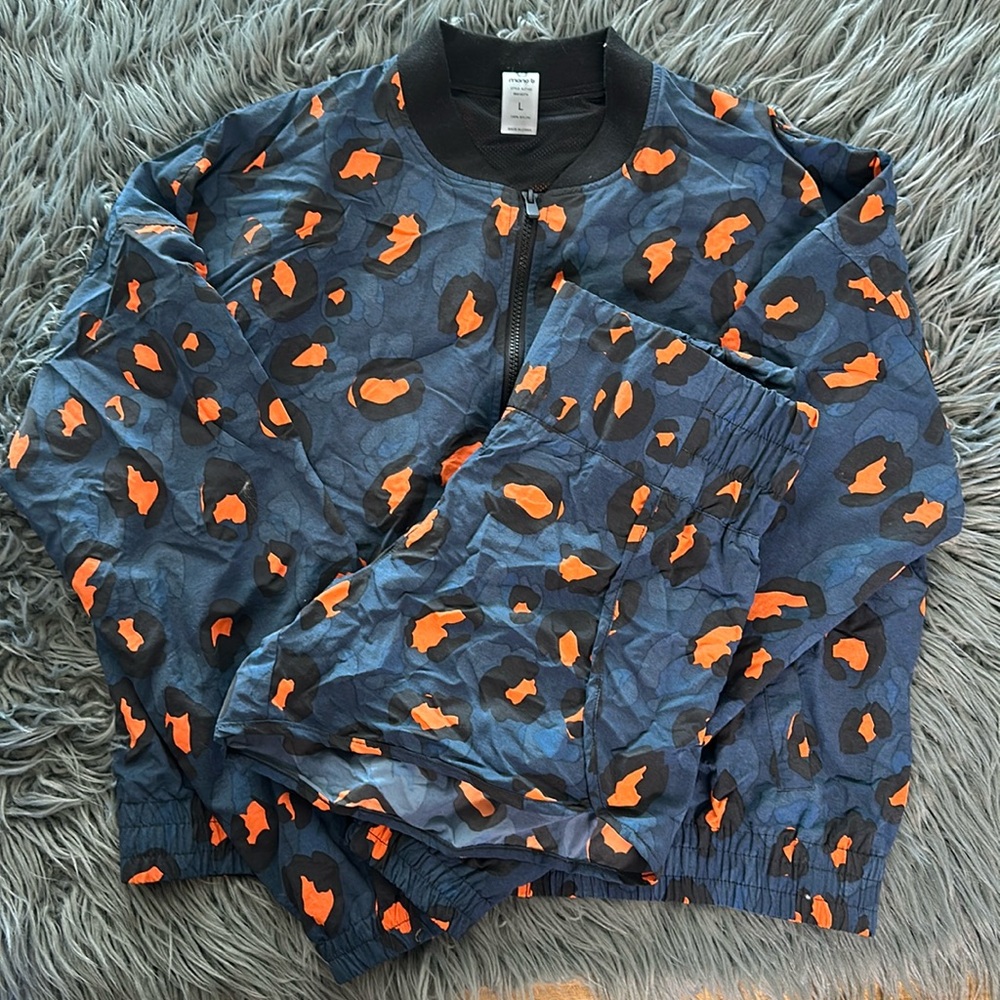 Mono B Navy and Orange Patterned Bomber Jacket & shorts